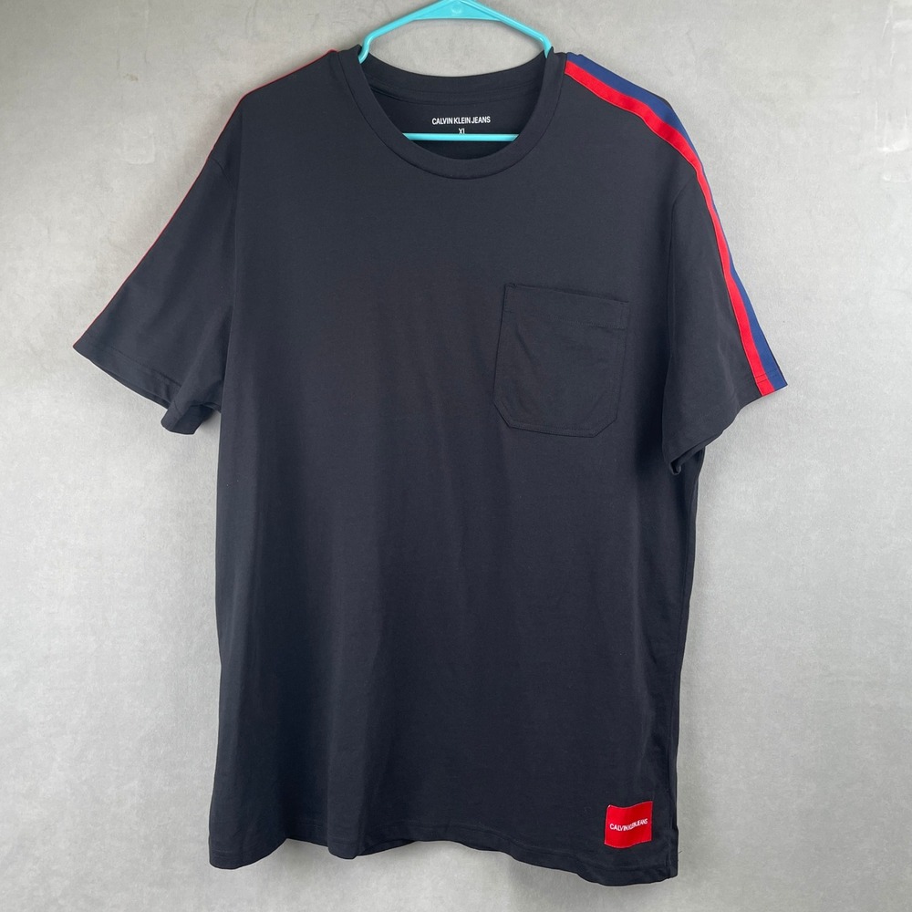 Calvin Klein Jeans Black T Shirt Men XL Pocket Red Blue Stripe Sleeve Athleisure